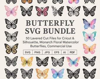 Pacote de borboletas SVG, 50 arquivos de corte em camadas para Cricut e Silhouette, borboletas em aquarela com estampa floral monarca, uso comercial