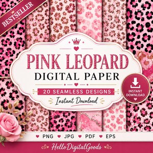 Lot de papiers numériques léopard roses | 20 modèles transparents pour le scrapbooking, le journal indésirable et la sublimation