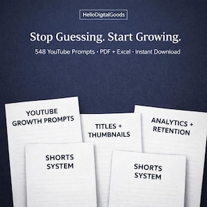 May include: Image of a dark blue background with white text that reads "Stop Guessing. Start Growing." and "548 YouTube Prompts • PDF + Excel • Instant Download." Several white papers display text such as "YOUTUBE GROWTH PROMPTS."