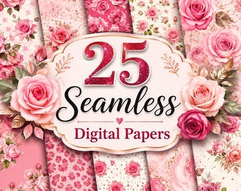 25 Romantic Rose Digital Papers, Seamless Shabby Chic Floral Pattern, Vintage Scrapbook & Junk Journal Backgrounds, Printable Download