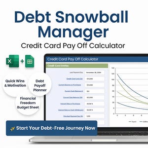 Plantilla de Excel para el administrador de deudas en forma de bola de nieve / Rastreador de pagos de tarjetas de crédito, Planificador de reducción de deudas / Hoja de presupuesto para la libertad financiera, Hojas de cálculo de Google