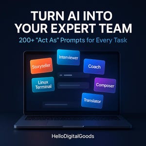 Pode incluir: Um ecrã de laptop exibe o texto "TURN AI INTO YOUR EXPERT TEAM" e "200+ Act As Prompts for Every Task". Caixas coloridas no ecrã indicam "Storyteller", "Interviewer", "Coach", "Linux Terminal", "Composer" e "Translator".