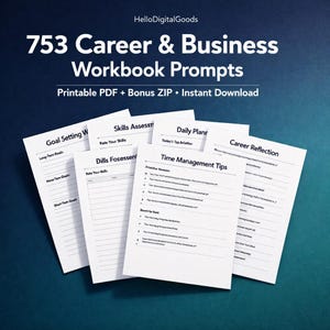 Pode incluir: Uma coleção de cadernos de trabalho brancos com o texto "753 Career & Business Workbook Prompts". Os cadernos de trabalho incluem instruções para definição de metas, avaliação de habilidades, planejamento diário, gerenciamento de tempo e reflexão de carreira. Fundo gradiente azul e verde.