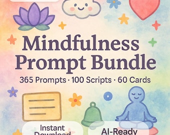 Mindfulness Journal Prompts Bundle – 365 Daily Prompts + Guided Meditation Scripts & Affirmation Cards | Printable PDF + Excel Bundle