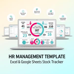 May include: A row of silver laptops displaying HR management data visualizations. The central laptop screen shows employee statistics, including age, gender, and employment duration. The text "HR MANAGEMENT TEMPLATE" and "Excel & Google Sheets Stock Tracker" are displayed at the bottom.