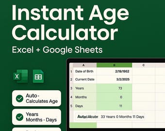 Age Calculator Excel Template: Birthdate Tracker (Digital Download)
