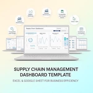 Może przedstawiać: Biały laptop wyświetla pulpit nawigacyjny łańcucha dostaw z wykresami i wizualizacjami danych. Obraz zawiera kilka innych laptopów i ikony wskazujące funkcje, takie jak wydajność dostawców i kompatybilność z Arkuszami Google. Tekst na dole brzmi: "SUPPLY CHAIN MANAGEMENT DASHBOARD TEMPLATE".