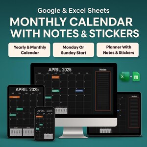 2025 Dark Mode Monthly Planner: Notes & Stickers (Printable A4/Letter)