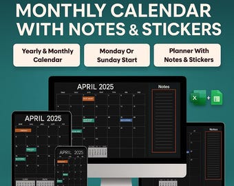 2025 Dark Mode Monthly Planner: Notes & Stickers (Printable A4/Letter)