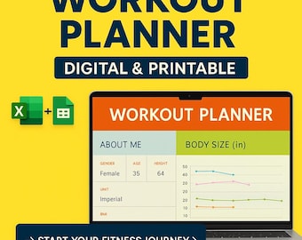 Workout Planner - Printable Fitness Planner Excel with Meal & Habit Tracker | Undated Gym and Home Routine Log