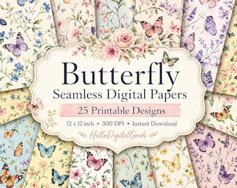 Butterfly Seamless Digital Paper, Shabby Chic Floral Printable Patterns, Vintage Butterfly Scrapbook