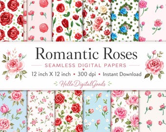 Papel digital de rosas románticas, estampado floral shabby chic sin costuras para imprimir, papel vintage para álbum de recortes, diario de flores