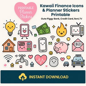 Kawaii Haushalts Icons & Planer Aufkleber zum Ausdrucken - Niedliche Sparschwein, Kreditkarte, Rente, TV Doodle Aufkleber für EC Planer (Imprimibles)