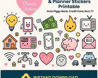 Kawaii Finance Planner Stickers: Piggy Bank, Rent, TV (Printable)
