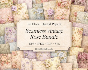 Shabby Chic Roses Digital Paper, Printable Floral Paper, Seamless Vintage Rose Backgrounds, Junk Journal