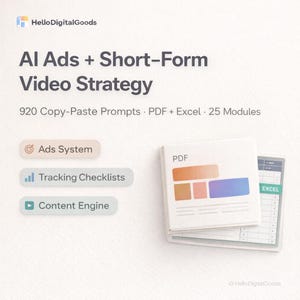 Może przedstawiać: Obraz promujący cyfrowy przewodnik marketingowy zatytułowany "AI Ads + Short-Form Video Strategy". Przewodnik zawiera 920 gotowych podpowiedzi, pliki PDF i Excel oraz 25 modułów. Funkcje obejmują system reklam, listy kontrolne śledzenia i silnik treści.