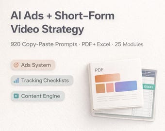 Pacote de Estratégias para Anúncios com IA e Vídeos Curtos | 920 Sugestões para Copiar e Colar | PDF + Excel | Kit de Ferramentas de Marketing