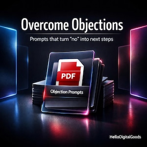 Op de afbeelding: De afbeelding toont de tekst "Overcome Objections" en "Prompts that turn "no" into next steps." Een PDF-pictogram wordt weergegeven met de tekst "PDF" en "Objection Prompts." De achtergrond is donker met neonblauwe en roze accenten.