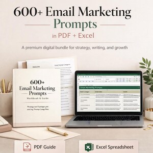 Può includere: Un pacchetto di marketing digitale intitolato "600+ Email Marketing Prompts" in formato PDF ed Excel. L'immagine mostra un laptop che mostra un foglio di calcolo, un quaderno e un documento. Il pacchetto è descritto come una risorsa digitale premium.