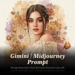 Op de afbeelding: Waterverfportret van een vrouw met donker haar en parel oorbellen, tegen een sepia-achtergrond met rozen en vintage elementen. De afbeelding bevat de tekst "Gimini | Midjourney Prompt".