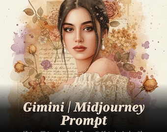 Indicación de IA de Gimini Midjourney: Acuarela vintage. Dama victoriana romántica sepia con encaje y efímeras florales / Arte mural botánico estilo cottagecore