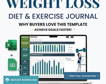 Weight Loss Journal Digital | Calorie Tracker and Meal Planner | Fitness Excel Track | Diet & Habit Tracker Printable