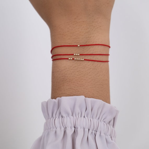 14K Gold Red String Bracelet - Beaded Ball Bracelet Silk Cord - Silk Cord Red String Bracelet Solid Gold - Simple Bracelet - Best Friend
