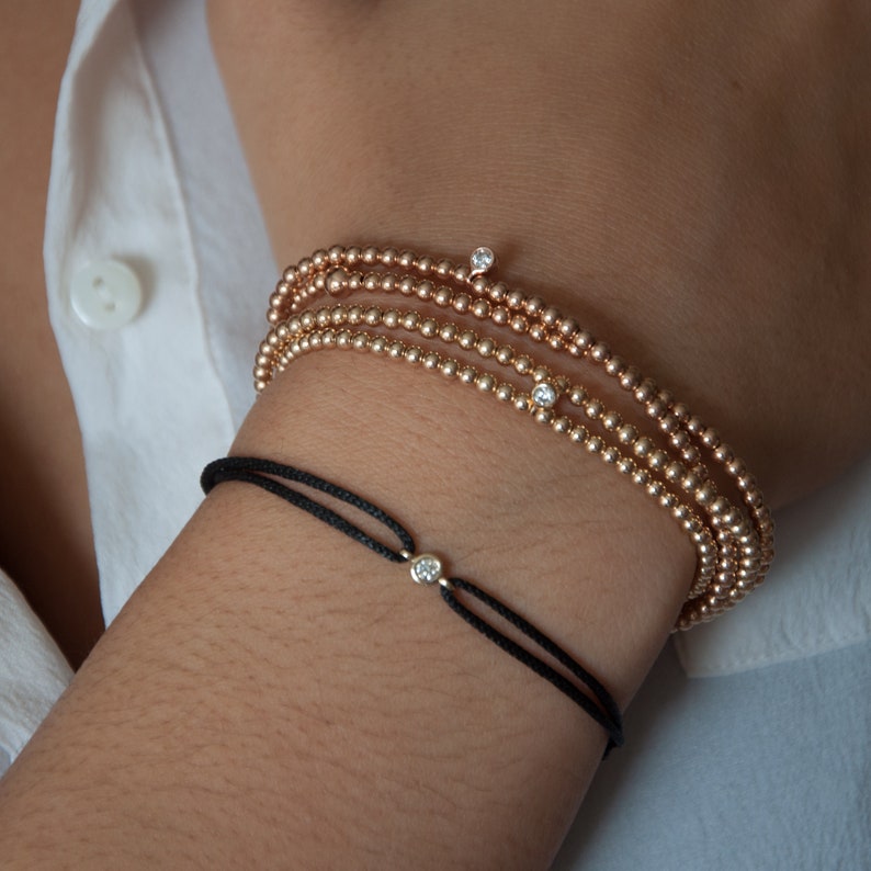 14k Gold Beaded Bracelet With Diamond Charm Gold Bead Etsy