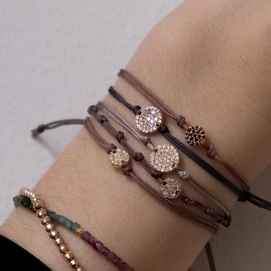 Diamond disc bracelet, 14k solid gold diamond bracelet, white diamonds, champagne diamond, black diamond, friendship bracelet, cord bracelet