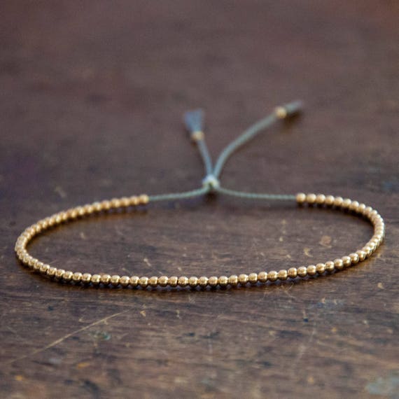 Solid 14k Yellow Gold Bead Bracelet, Friendship Bracelet, Delicate Bracelet  With Dainty Beads Silk Cord 