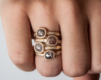 Rose Cut Salt and Pepper Diamond Ring: 14k Gold Engagement Ring