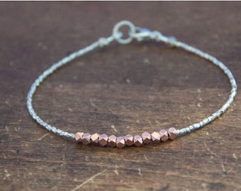 Nugget bracelet - rose gold on pure silver, minimalist bracelet, beaded, beadwork