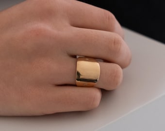 14k Solid Gold Band Ring, Wide Cigar Ring with Diamonds