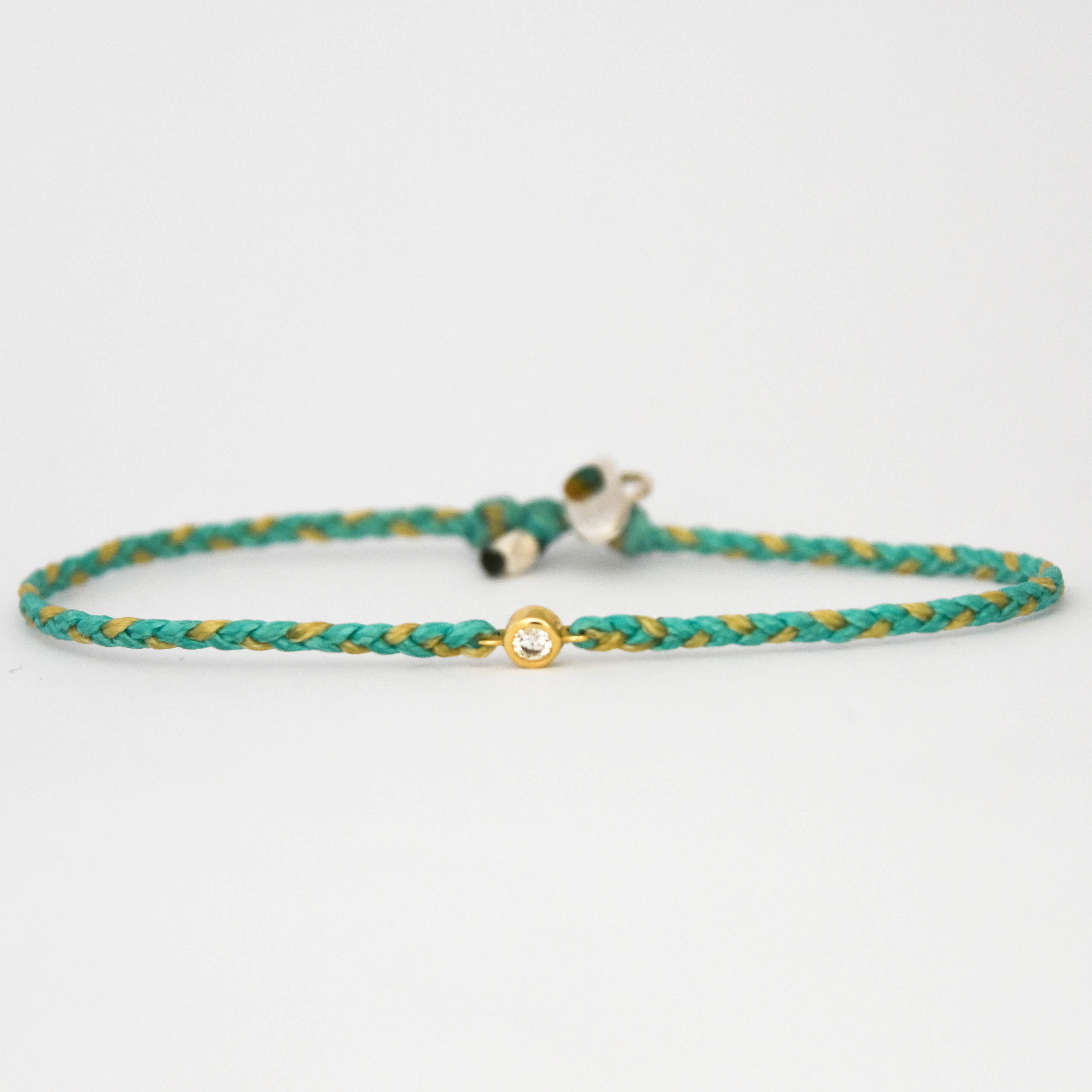 14k Gold Diamond Friendship Bracelet: Braided Green Beige Cord