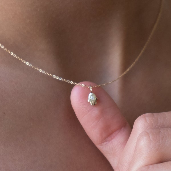 14k Gold diamond hamsa pendant necklace, dainty hamsa, diamond hamsa necklace, good luck charm, Hand of Fatima, dainty necklace gift for her
