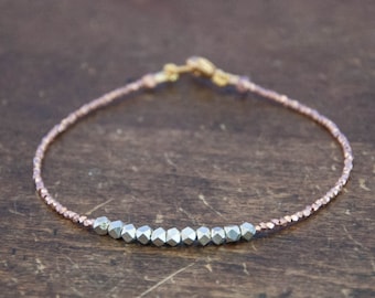 Nugget bracelet - pure silver on rose gold vermeil bracelet, minimalist bracelet, beaded, beadwork