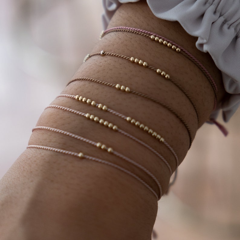14k solid gold bead bracelet, red string bracelet gold silk bracelet, beaded cord bracelet, gold bead bracelet modern bracelet, gift for her image 7