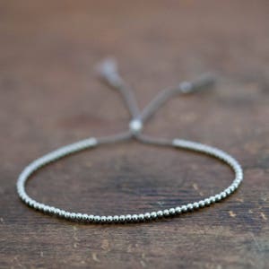 Solid 14k White  Gold Beaded Friendship Bracelet, delicate bracelet with dainty beads and silk