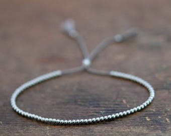 Solid 14k White  Gold Beaded Friendship Bracelet, delicate bracelet with dainty beads and silk