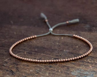 Solid 14k Rose Gold Beaded Friendship Bracelet, delicate bracelet with dainty beads with silk
