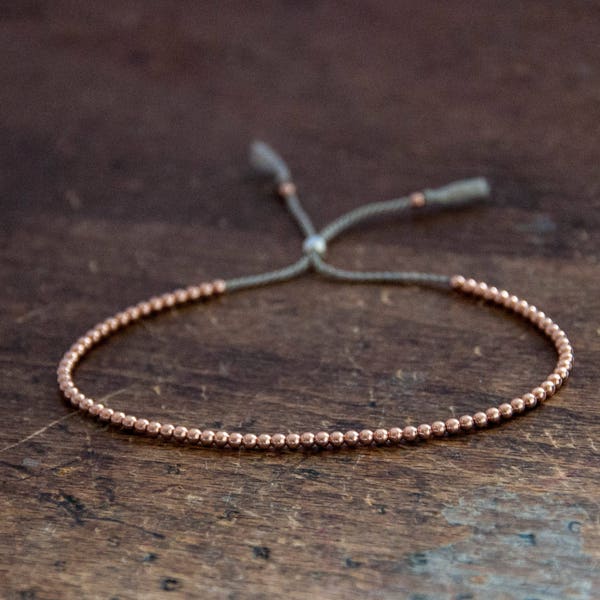Solid 14k Rose Gold Beaded Friendship Bracelet, delicate bracelet with dainty beads with silk