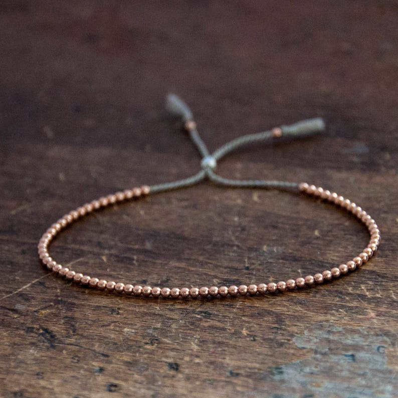 Solid 14k Rose Gold Beaded Friendship Bracelet, delicate bracelet with dainty beads with silk image 1