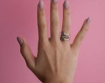 Rose Cut Salt and Pepper Diamond ring -engagement ring - unique ring -statement ring