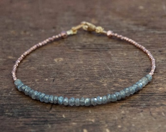 Labradorite beaded tennis bracelet with rose gold vermeil - friendship bracelet- minimalist-Beaded Bracelet, Beadwork