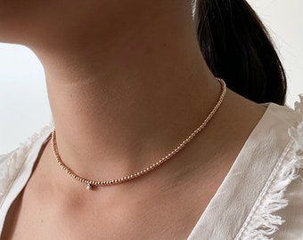 Gold bead choker necklace with diamond charm 0.05ctw - layering necklace - gold beaded necklace