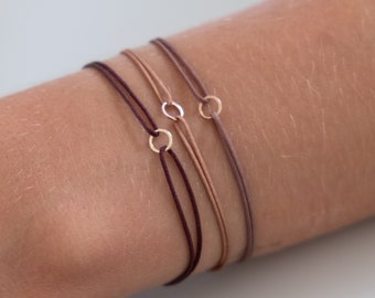 14k Gold Karma Bracelet: circle charm, waterproof Nylon Cord, Adjustable