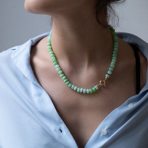 Green Opal gemstone necklace, Candy necklace, hand knotted on silk cord, Light green opal beads, bead necklace, beaded, knotted necklace