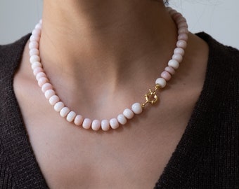 Pale Pink Opal Necklace: Hand Knotted Silk Cord, Goldfill Clasp