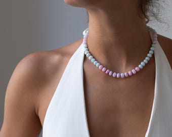 Blush Opal Beaded Necklace: Hand Knotted Silk Cord, Goldfill Clasp