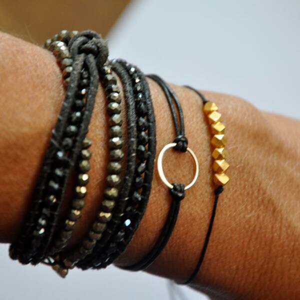 sterling silver circle bracelet. Leather Karma bracelet.